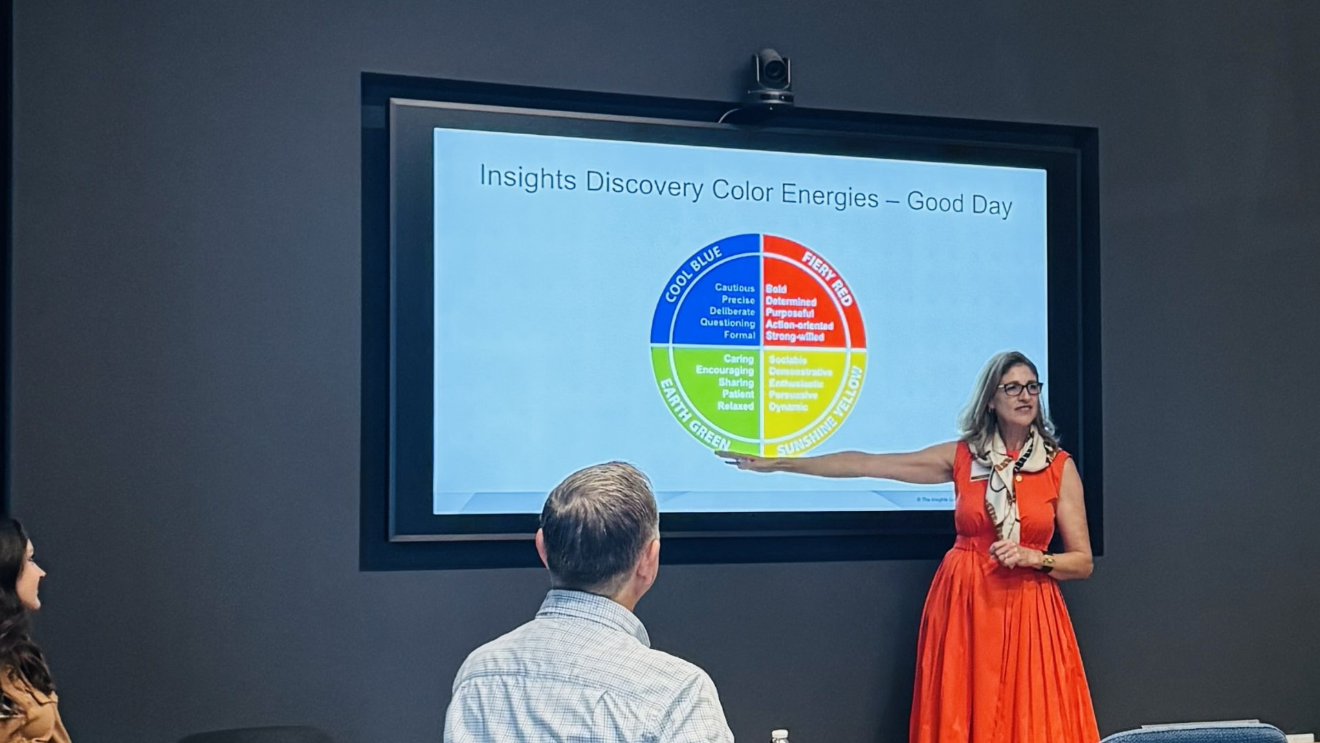 Christa Tuttle presenting the Insights Discovery color energies to a group of leaders